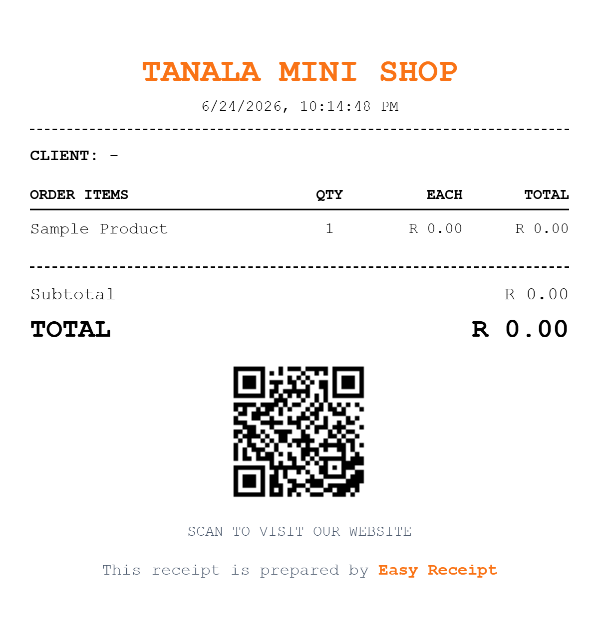 Example Easy Receipt receipt showing a store, order items, totals, and a scannable code